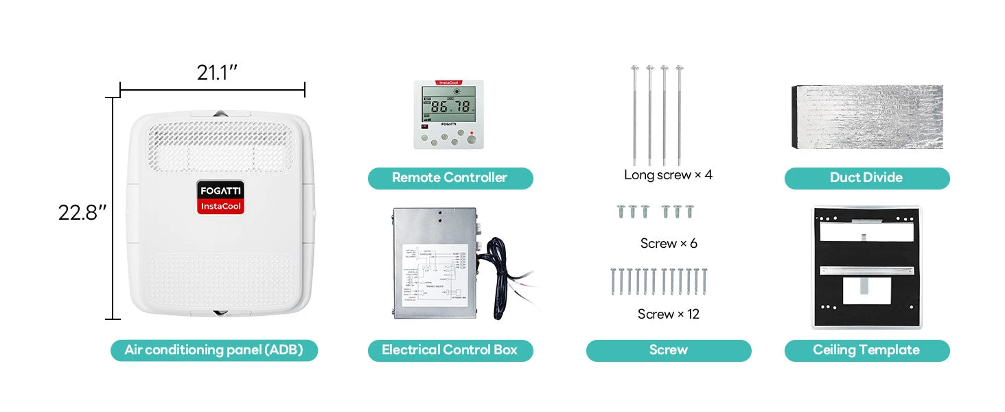 Fogatti InstaCool 13,500 BTU RV AC installation components: remote, control box, ceiling template, and hardware.