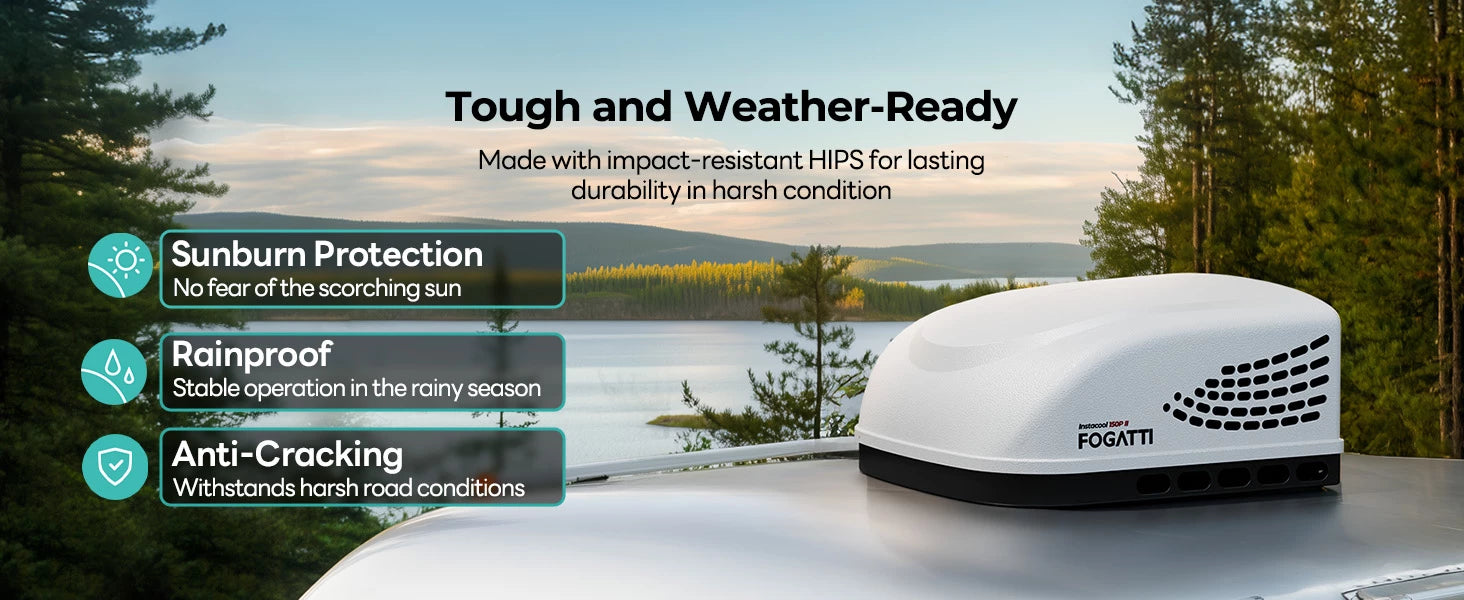 Fogatti InstaCool 13,500 BTU RV AC features impact-resistant HIPS construction for sun, rain, and road durability.