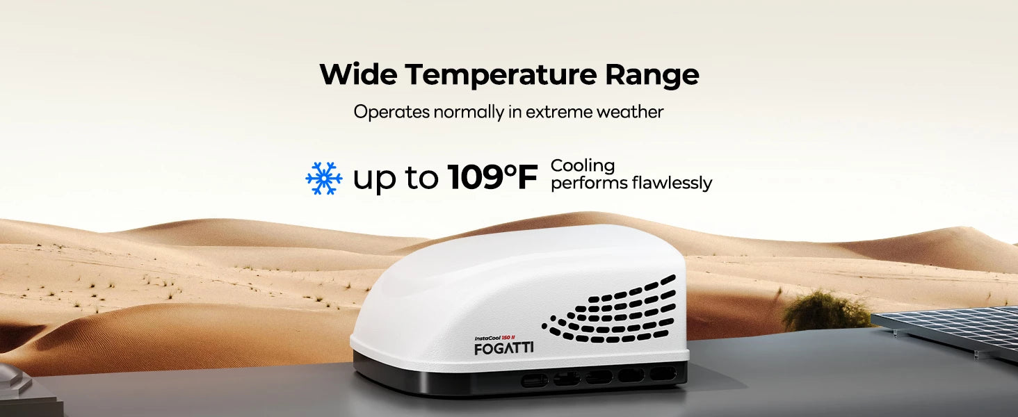 Fogatti InstaCool 13,500 BTU RV AC operates in extreme temps up to 109°F for reliable cooling.
