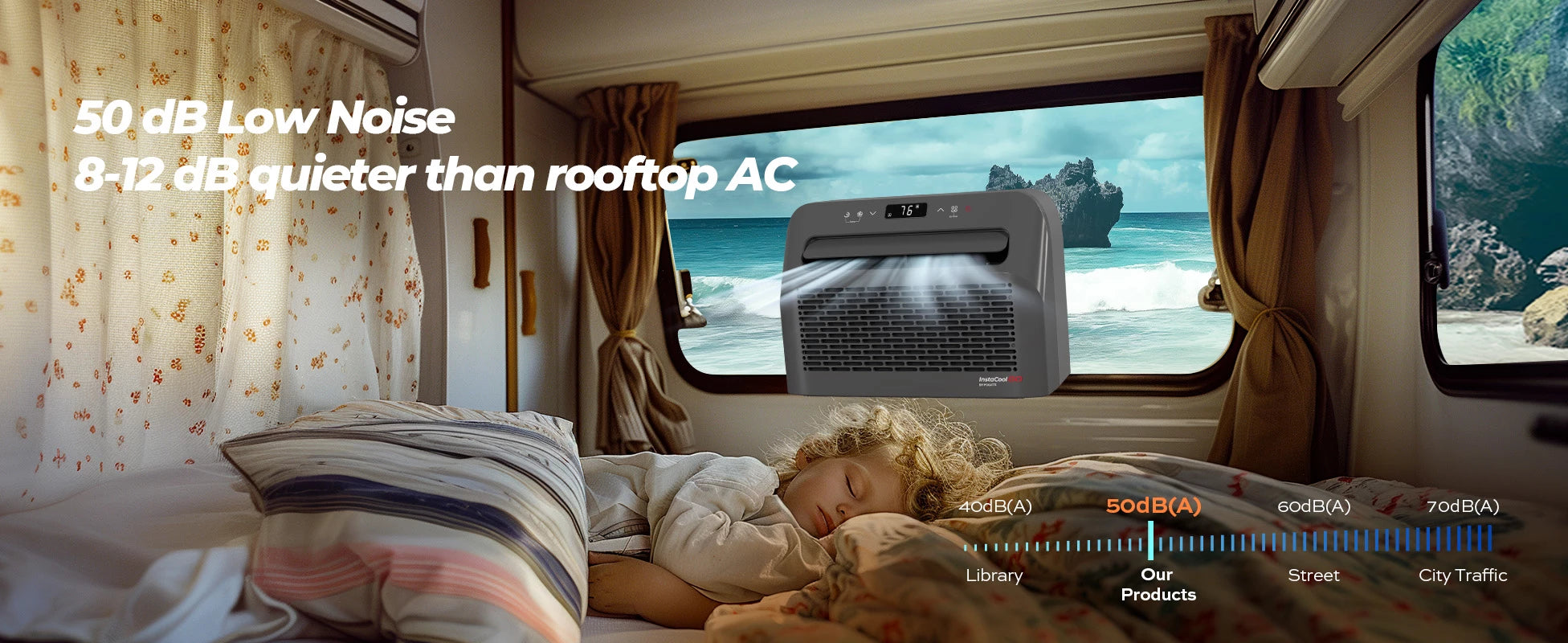 Fogatti InstaCool Go portable AC operates at a quiet 50 dB, ideal for peaceful RV rest.
