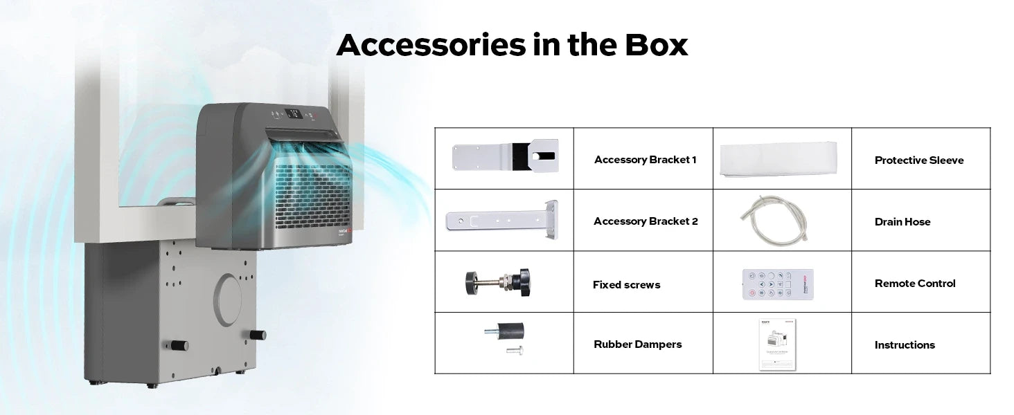 Fogatti InstaCool Go portable AC includes bracket, screws, drain hose, remote, and manual.