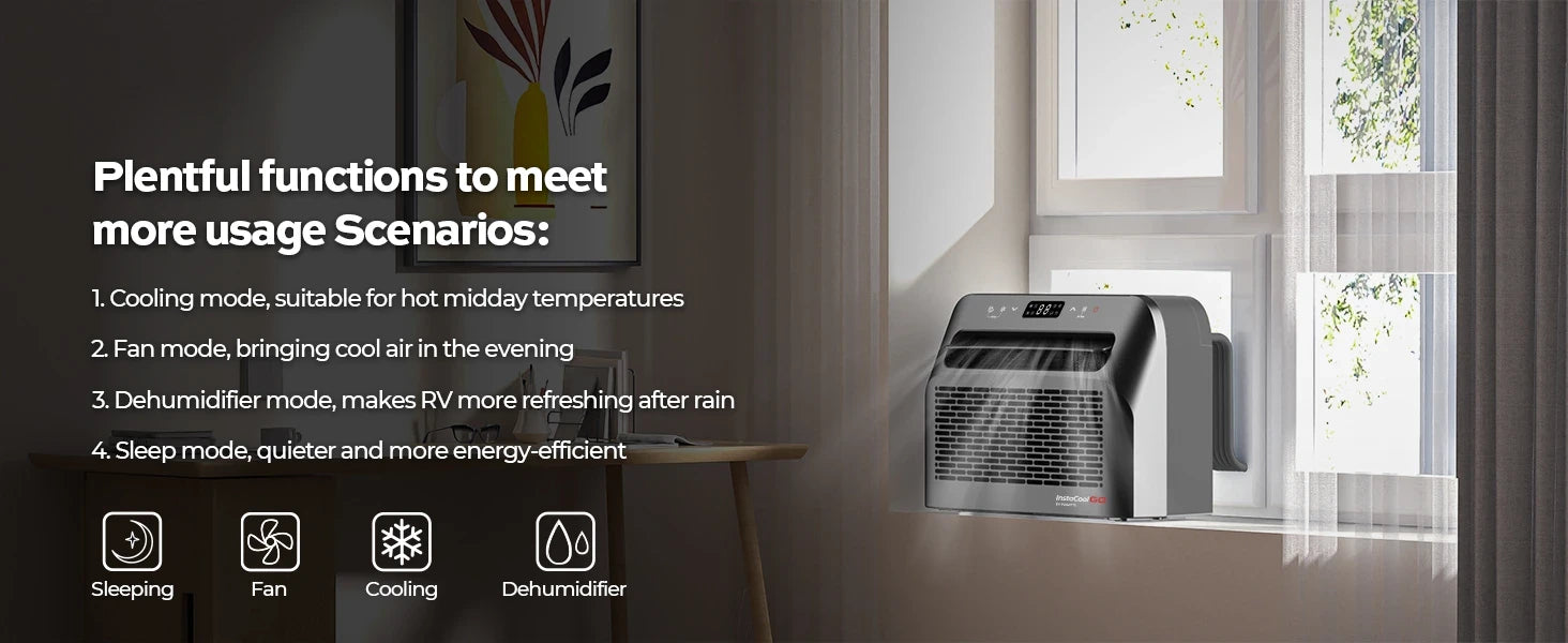 Fogatti InstaCool Go portable AC with 4 modes: cooling, fan, dehumidifier, and quiet sleep.