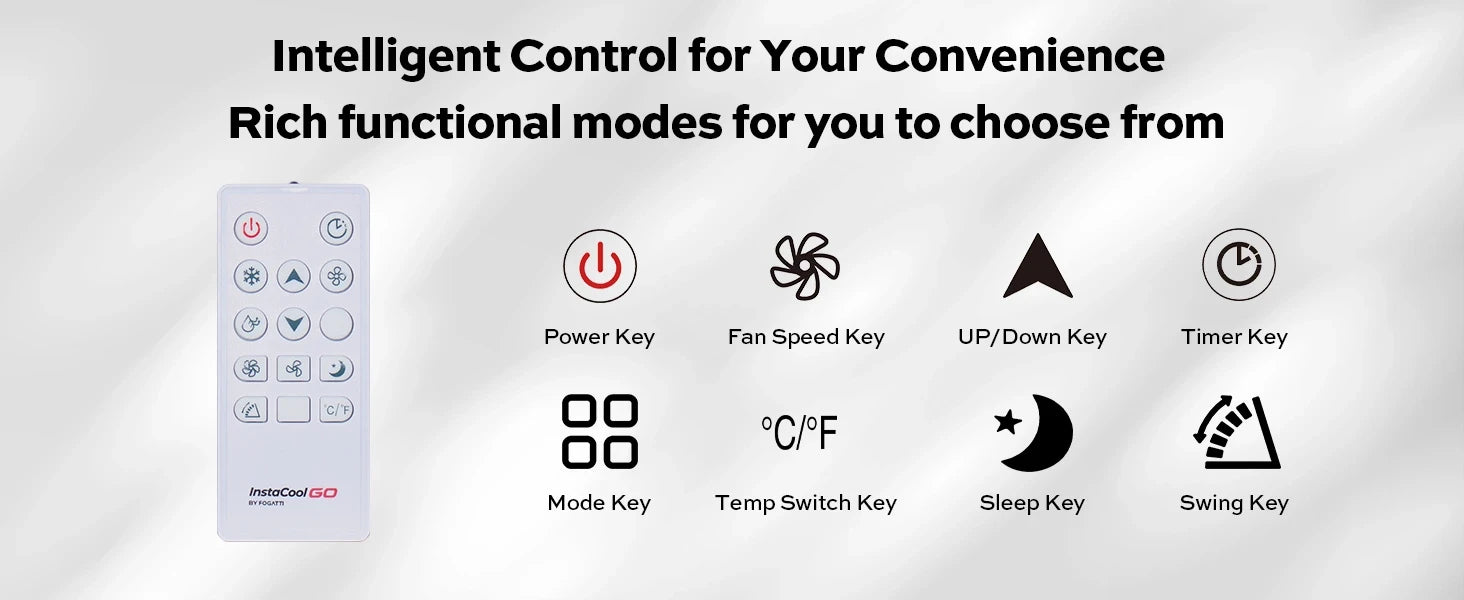 Fogatti InstaCool Go portable AC with intelligent remote for convenient mode and fan speed control.