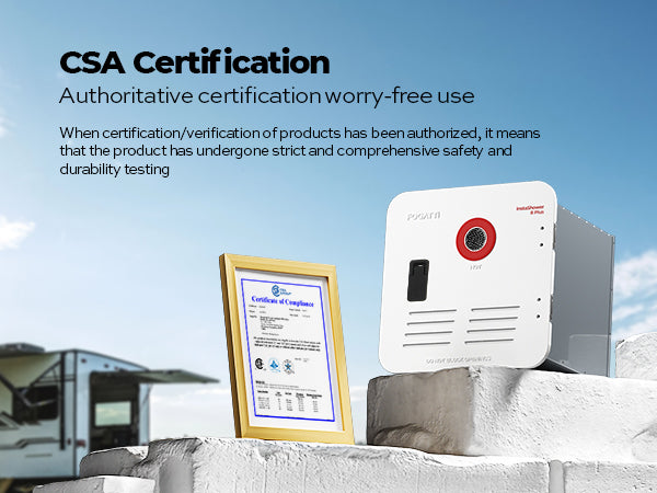 CSA-certified Fogatti InstaShower 8 Plus RV tankless water heater for safe operation