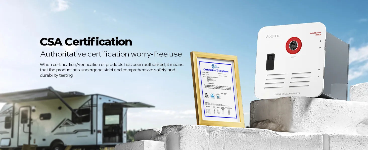 CSA-certified Fogatti InstaShower 8 Plus RV tankless water heater for safe operation