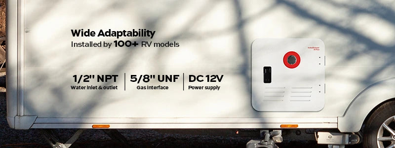 Fogatti InstaShower 8 Plus RV water heater installed on RV, fits 100+ models with 1/2" NPT, 5/8" UNF, and 12V DC input
