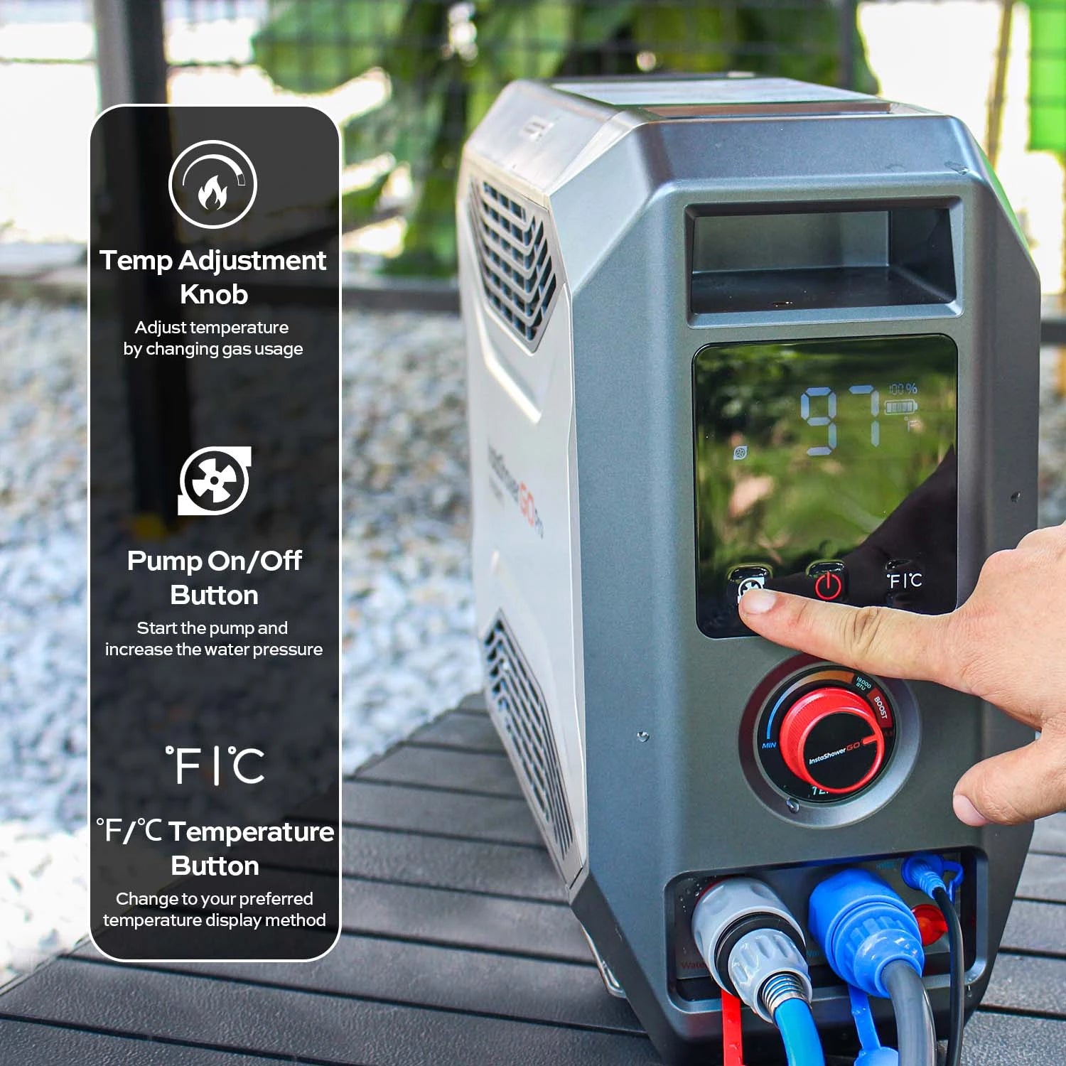 Fogatti InstaShower Go with temperature knob, pump button, and °F/°C switch for control.