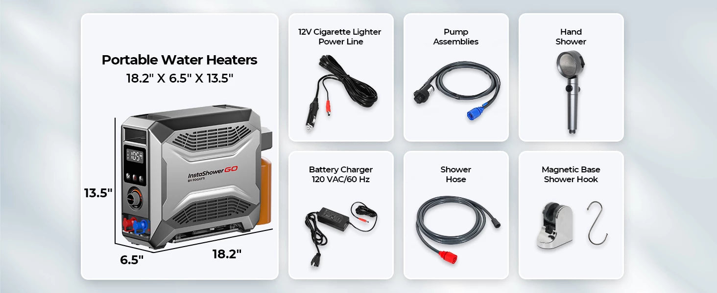 Fogatti InstaShower Go portable water heater with pump, hand shower, and 12V power line.