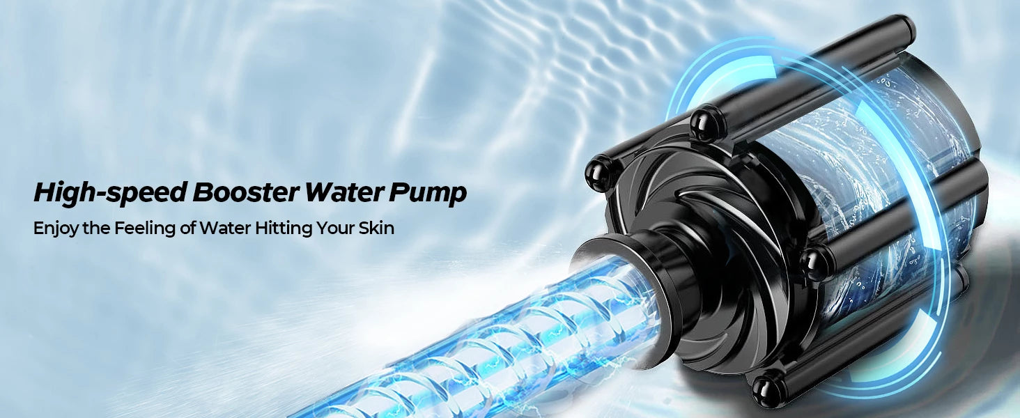 Fogatti InstaShower Go with high-speed booster pump for strong water pressure.