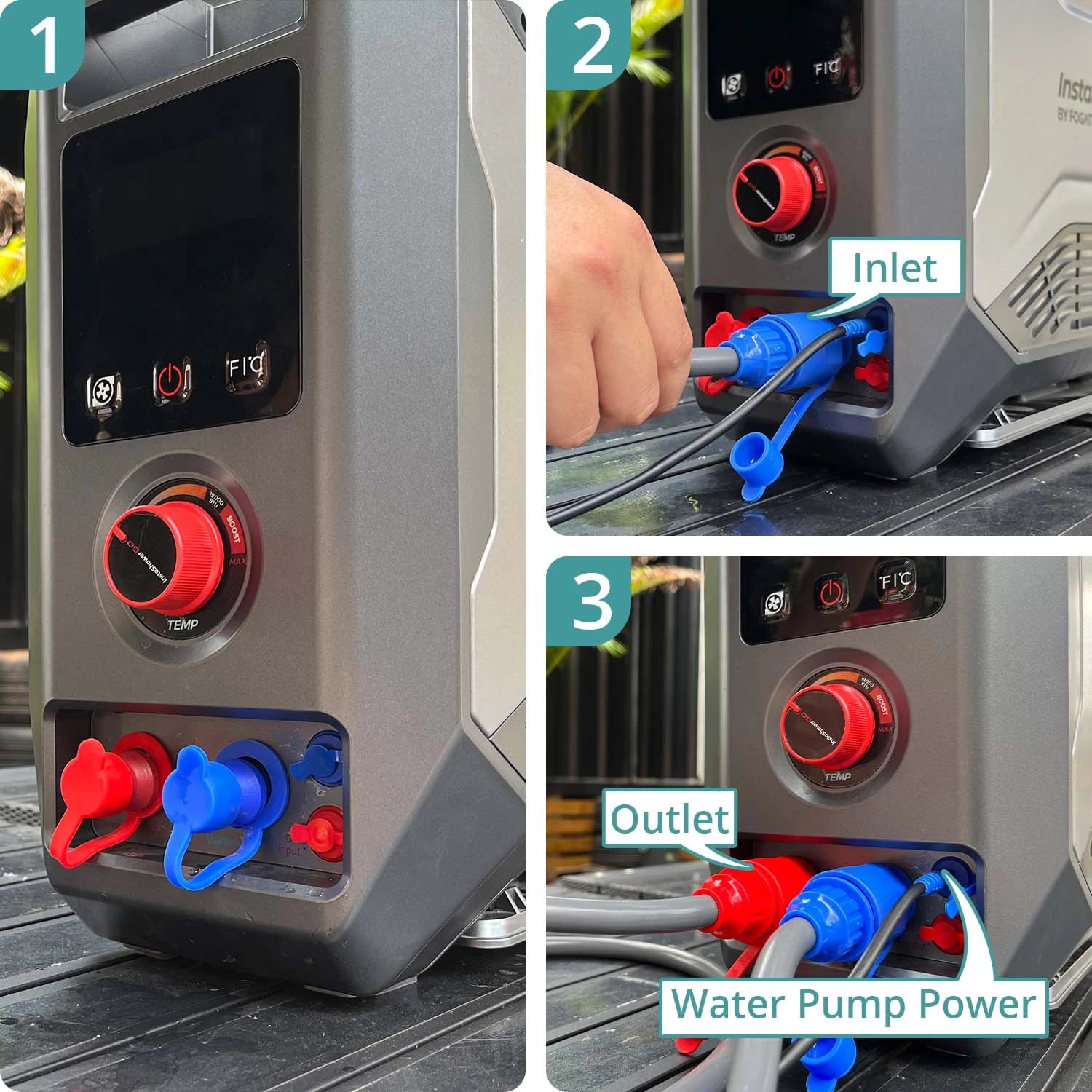 User-friendly Fogatti portable water heater featuring clear connections and operational controls.