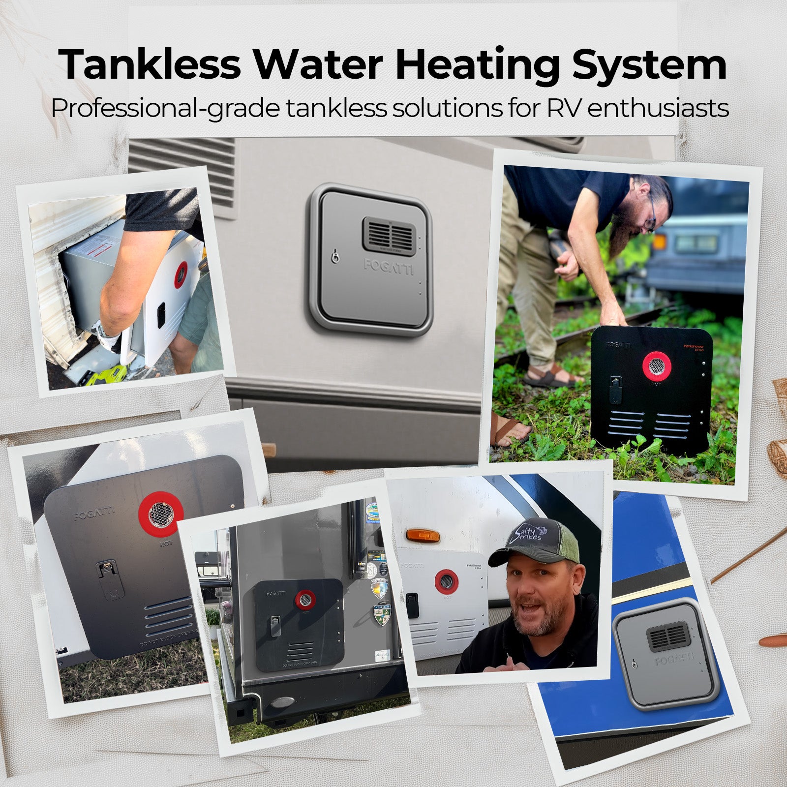 Fogatti InstaShower Ultra, 66,000 BTU, 0.5-3.6 GPM RV Tankless Water Heater with Gray Door & Mixing Tank（Supreme Series）