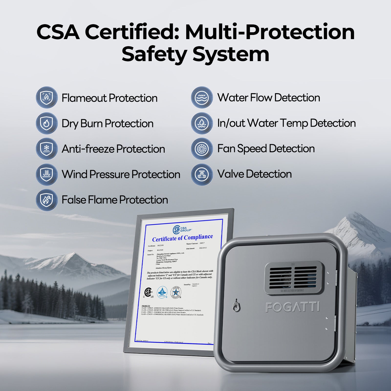 Fogatti InstaShower Ultra, 66,000 BTU, 0.5-3.9 GPM RV Tankless Water Heater with Gray Door & Mixing Tank（Supreme Series）