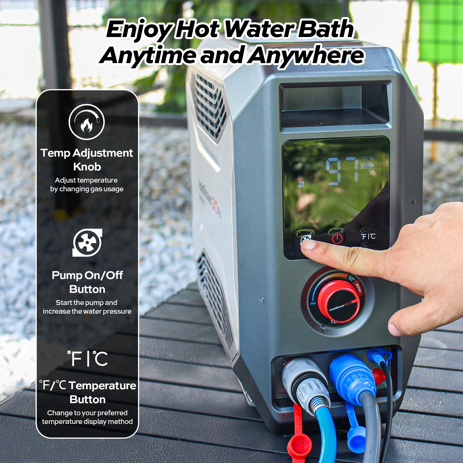 Fogatti InstaShower GO Pro Outdoor Portable Water Heater with Water Pump,22000BTU