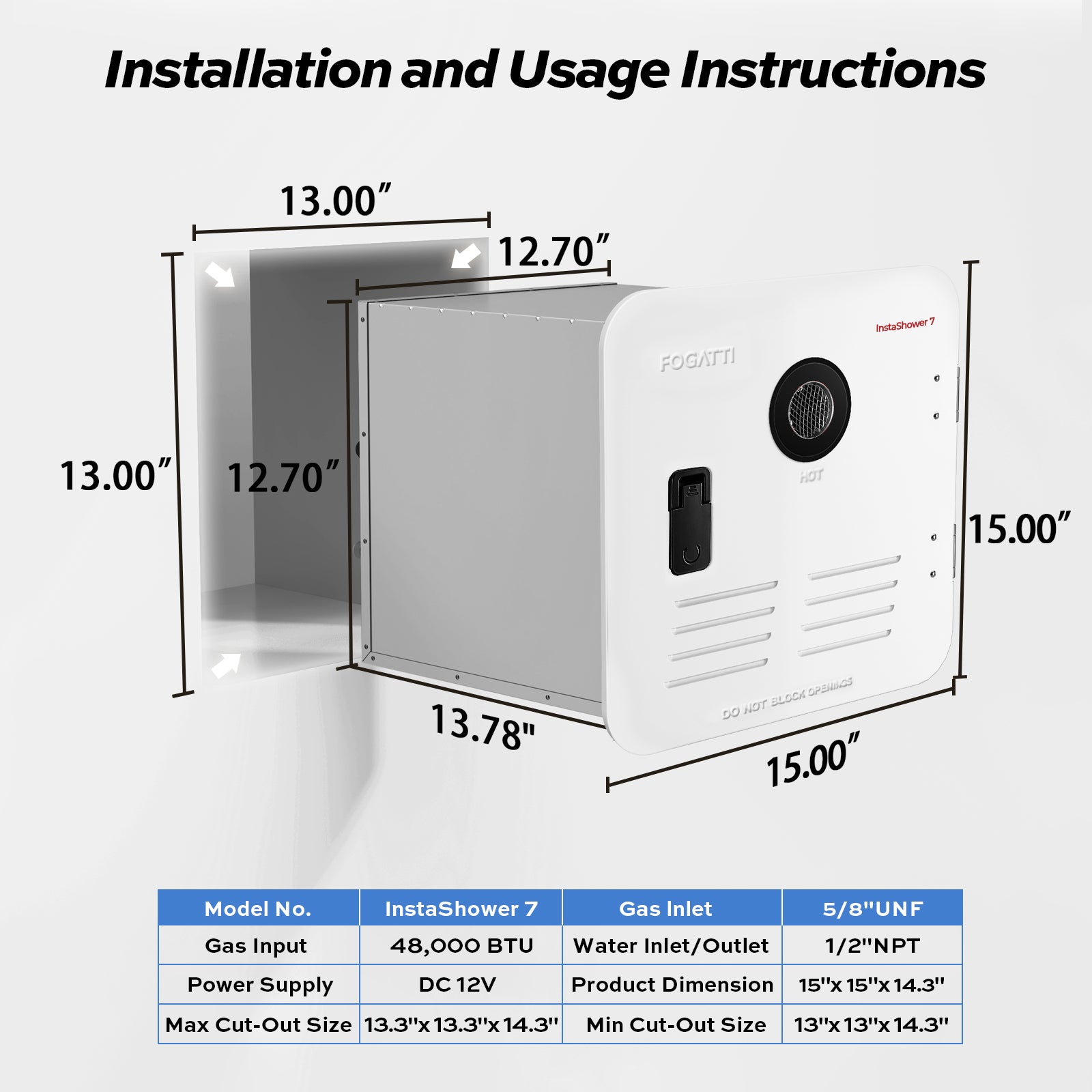 Fogatti InstaShower 7, 48,000 BTU RV Tankless Water Heater with Door