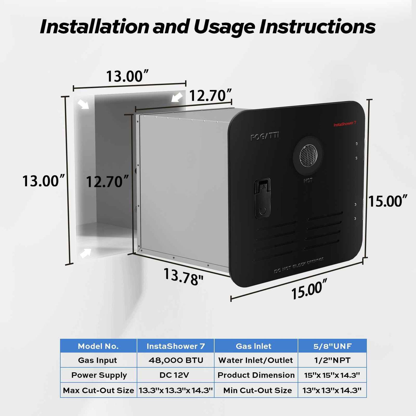 Fogatti InstaShower 7, 48,000 BTU RV Tankless Water Heater with Door