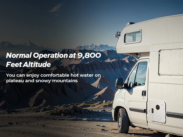 High-altitude mode, a digital controller and freeze protection cover the core RV use case.