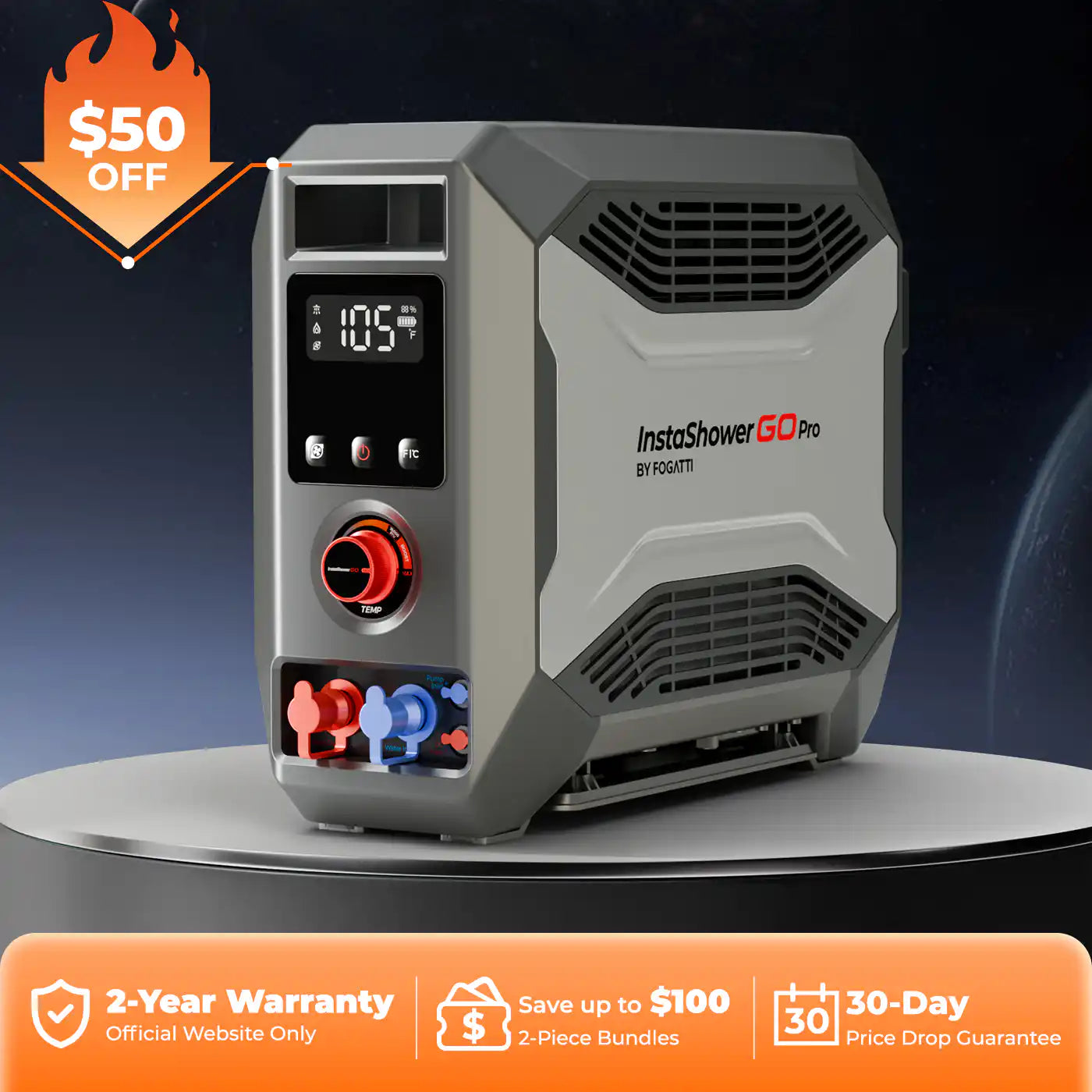 Fogatti InstaShower GO Pro Outdoor Portable Water Heater with Water Pump,22000BTU