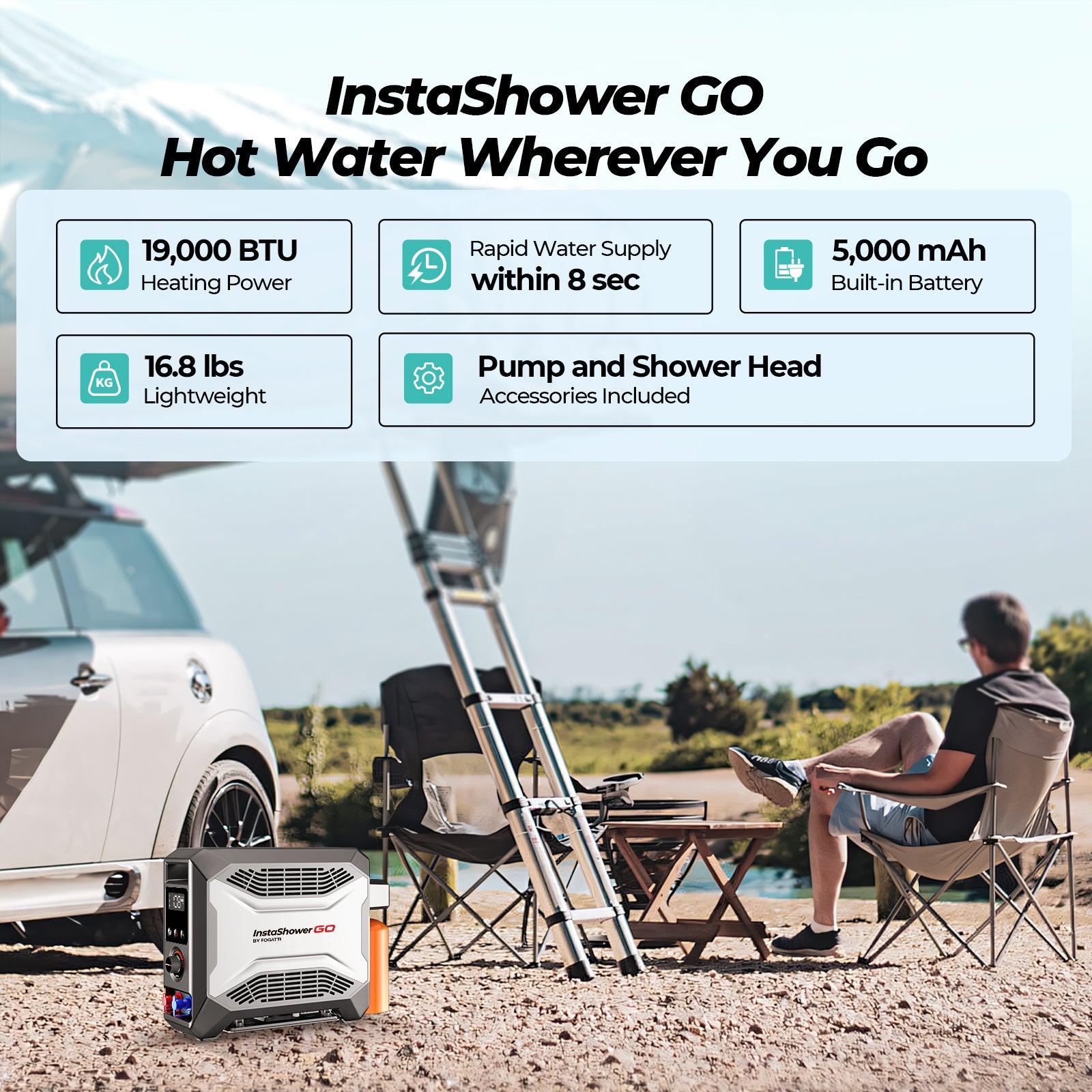 Fogatti InstaShower GO Outdoor Portable Water Heater with Water Pump, 19000BTU