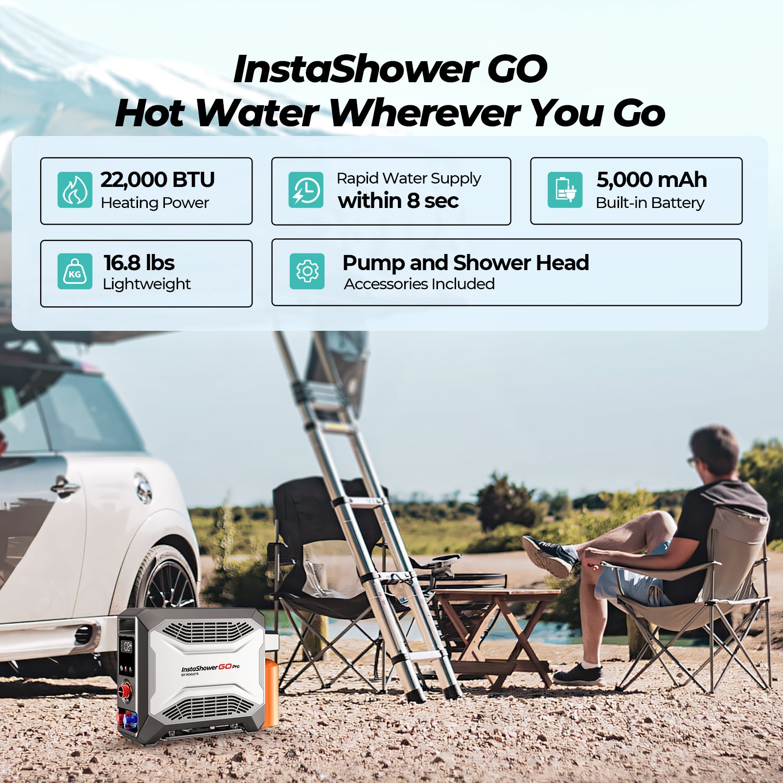 Fogatti InstaShower GO Pro Outdoor Portable Water Heater with Water Pump,22000BTU