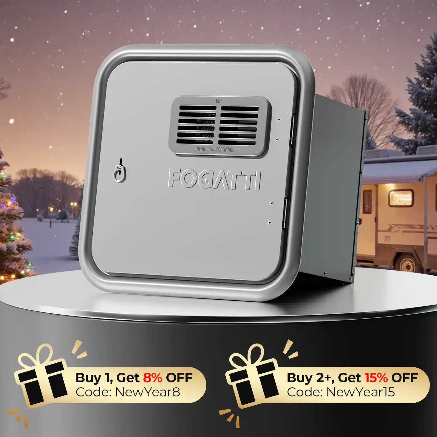 Fogatti InstaShower Ultra, 66,000 BTU, 0.5-3.9 GPM RV Tankless Water Heater with Gray Door & Mixing Tank（Supreme Series）