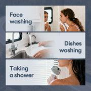  A woman washing her face in a shower, demonstrating the use of a Fogatti RV water heater.