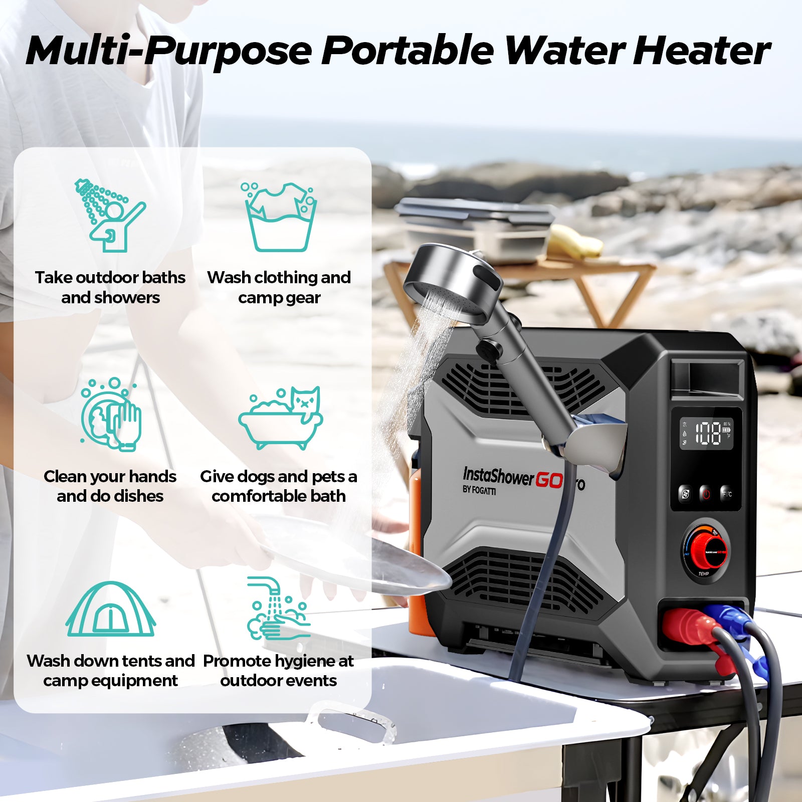 Fogatti InstaShower GO Pro Outdoor Portable Water Heater with Water Pump,22000BTU