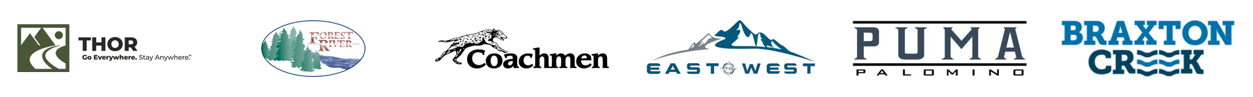 Fogatti RV manufacturer partners including THOR, Forest River, Coachmen RV, EAST TO WEST, Puma Palomino and Braxton Creek