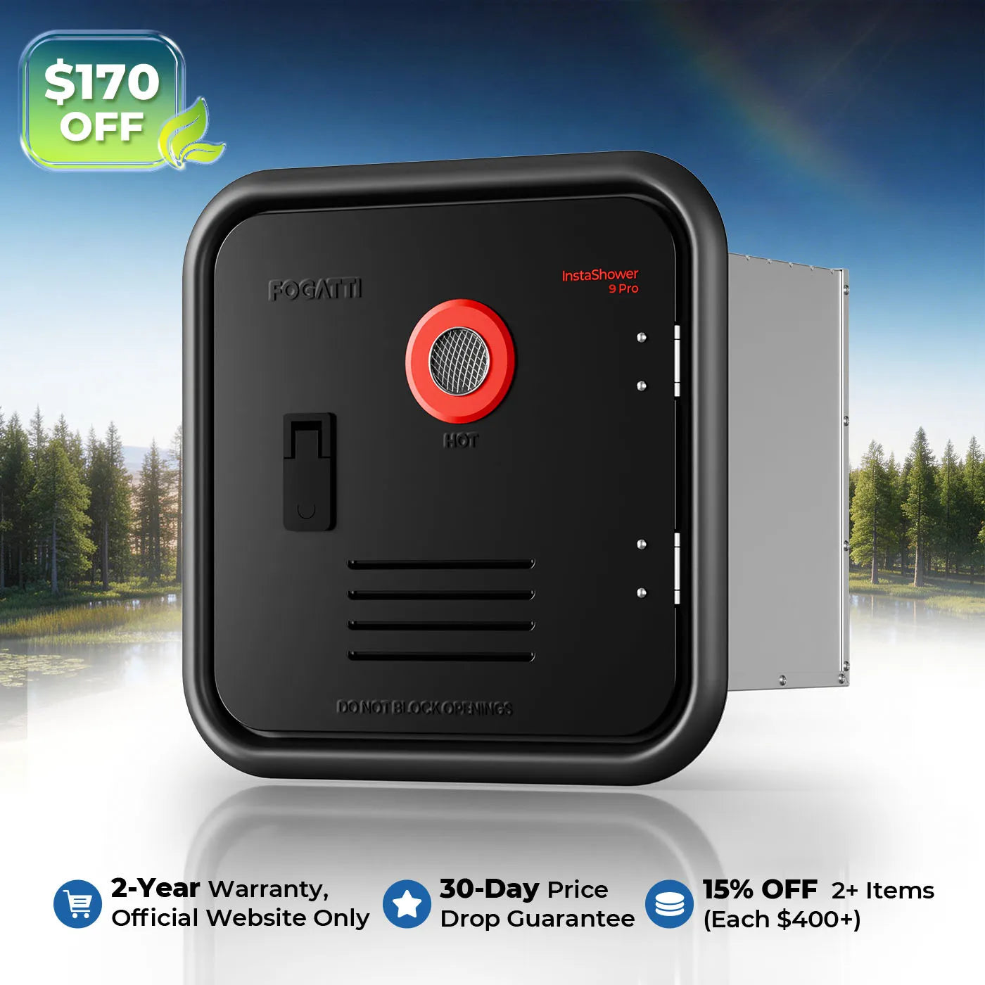 Fogatti InstaShower 9 Pro, 66,000 BTU RV Tankless Water Heater with Door & Mixing Tank