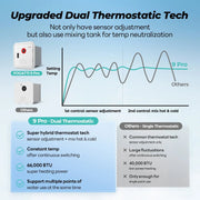 RV tankless water heater with mixing tank & chip dual control