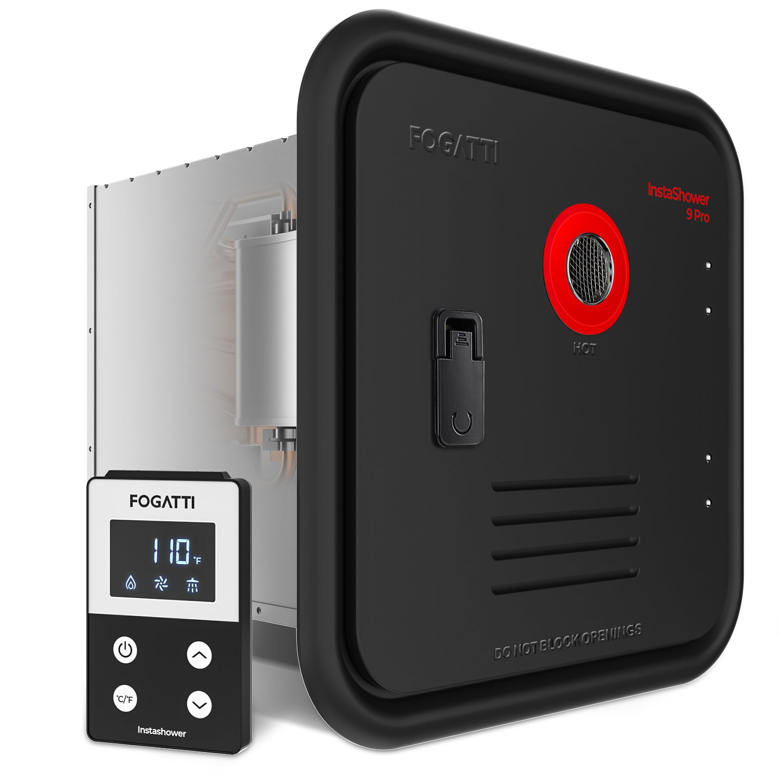 66,000 BTU Black RV tankless water heater with door, compact and efficient 