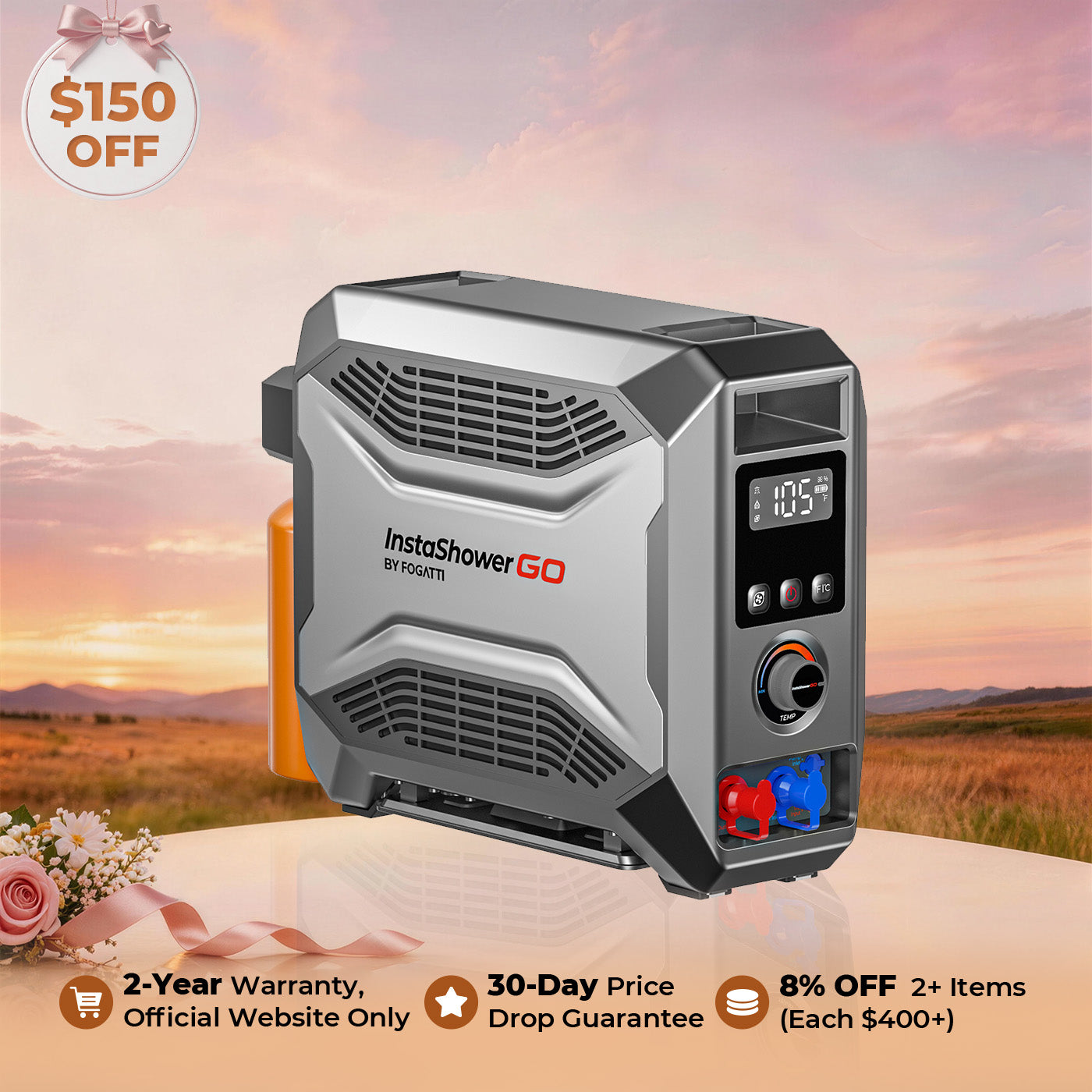 Fogatti InstaShower GO Outdoor Portable Water Heater with Water Pump, 19000BTU