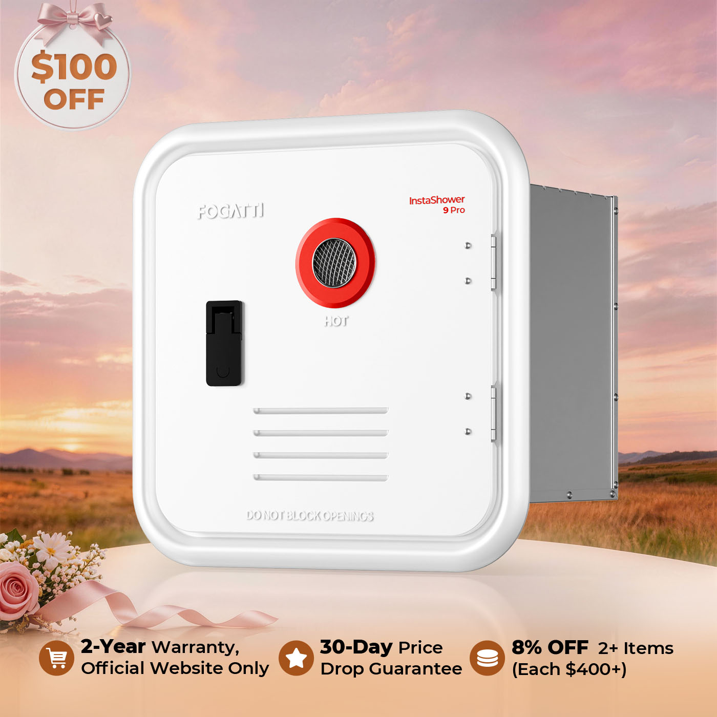 Fogatti InstaShower 9 Pro, 66,000 BTU RV Tankless Water Heater with Door & Mixing Tank