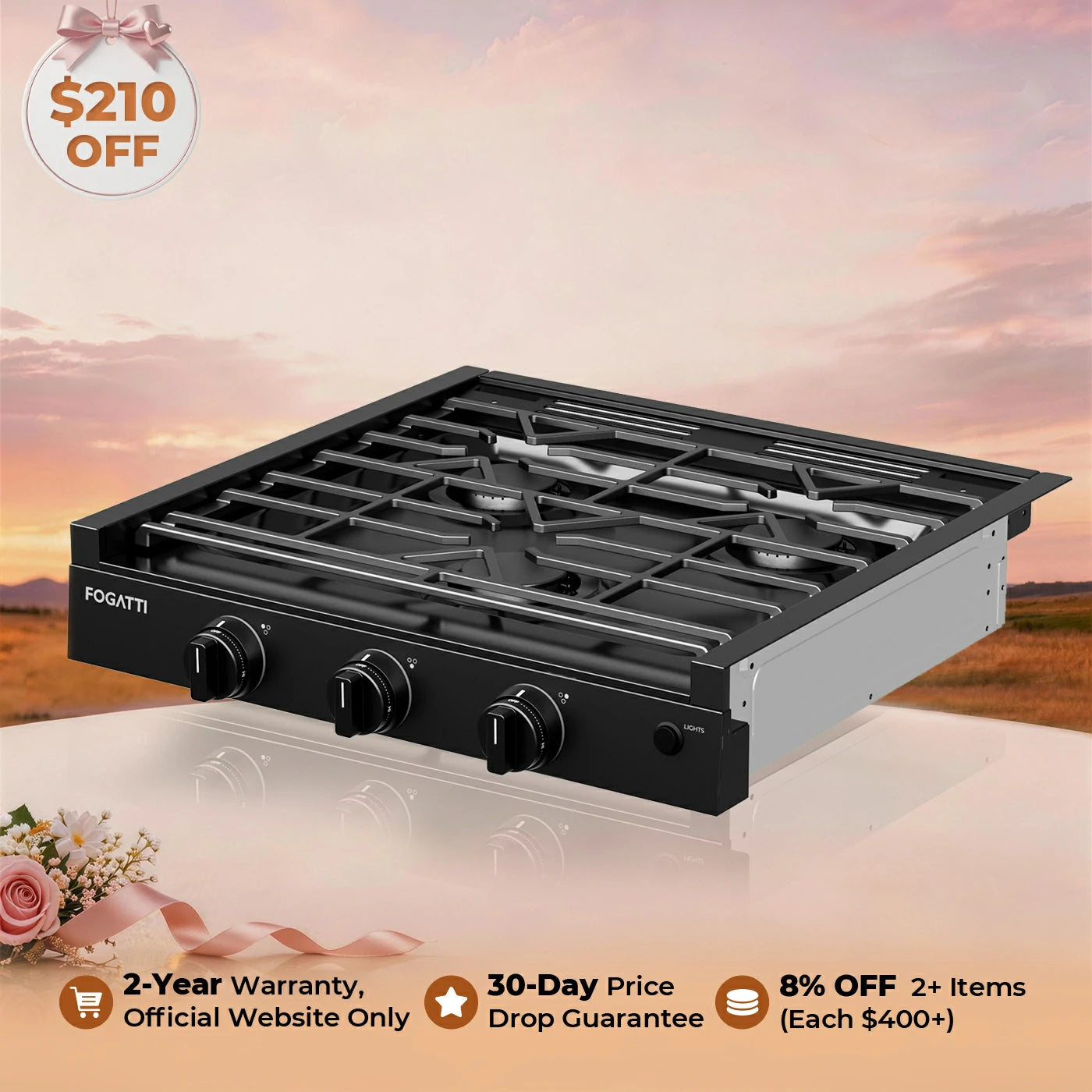 FOGATTI 21-Inch RV Gas Cooktop with 3 Burners,21,000 BTU for RV Cooking