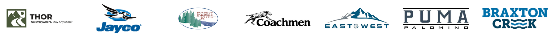 Fogatti RV manufacturer partners including THOR, Jayco, Forest River, Coachmen, EAST TO WEST, Puma Palomino and Braxton Creek